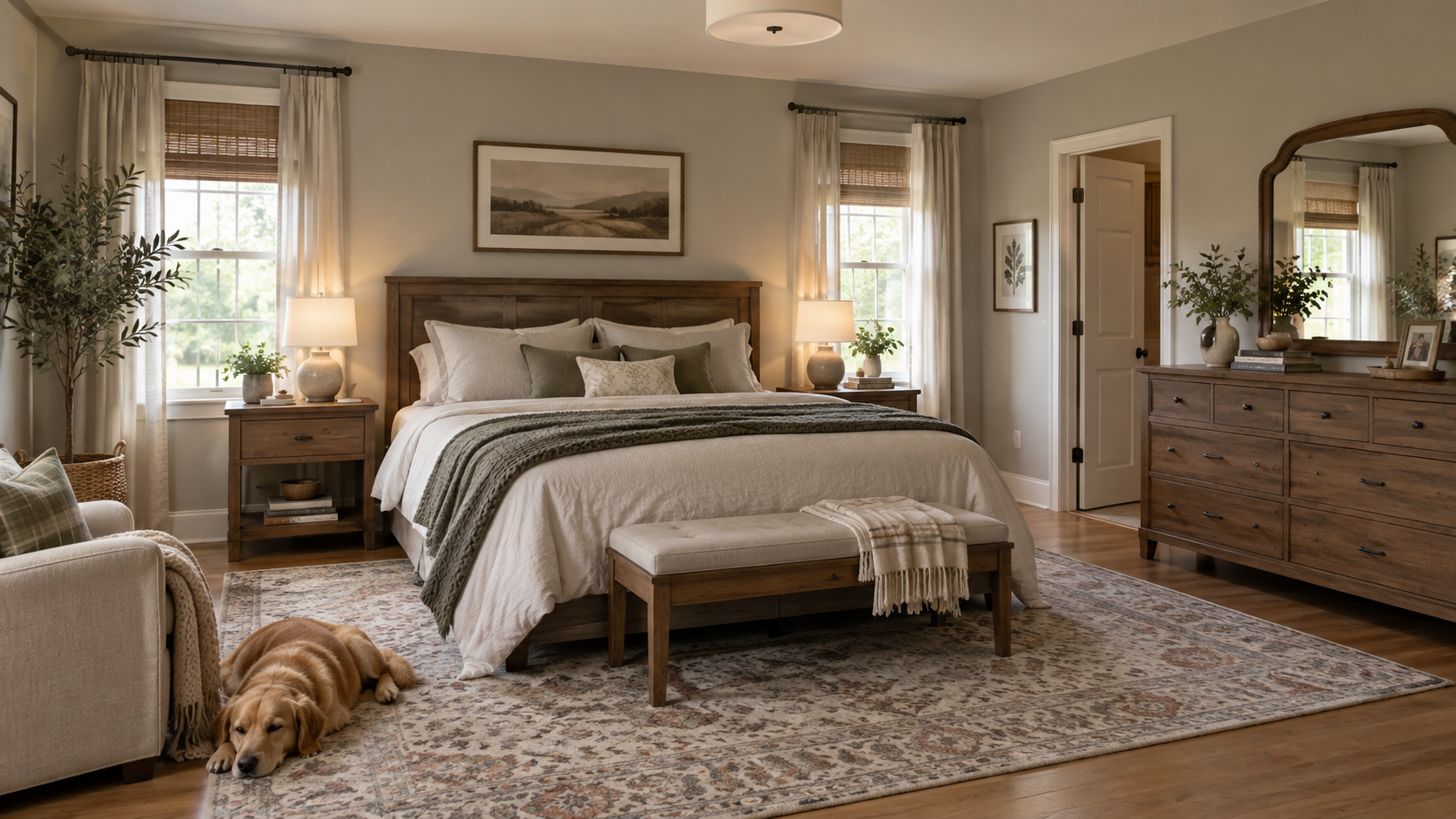 Warm transitional bedroom with wood furniture