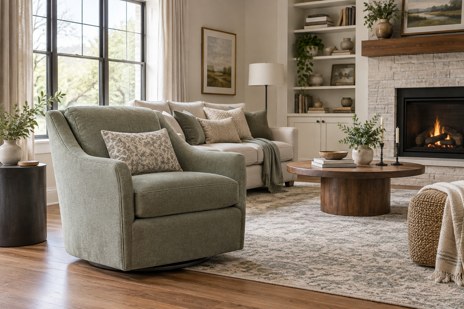 Living room centered on a sage accent chair