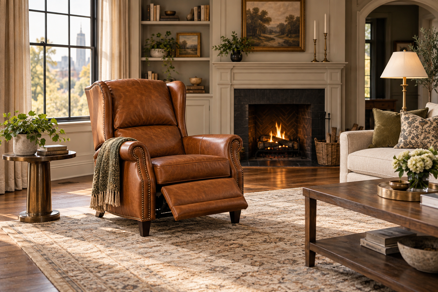Classic living room with a cognac reclining chair