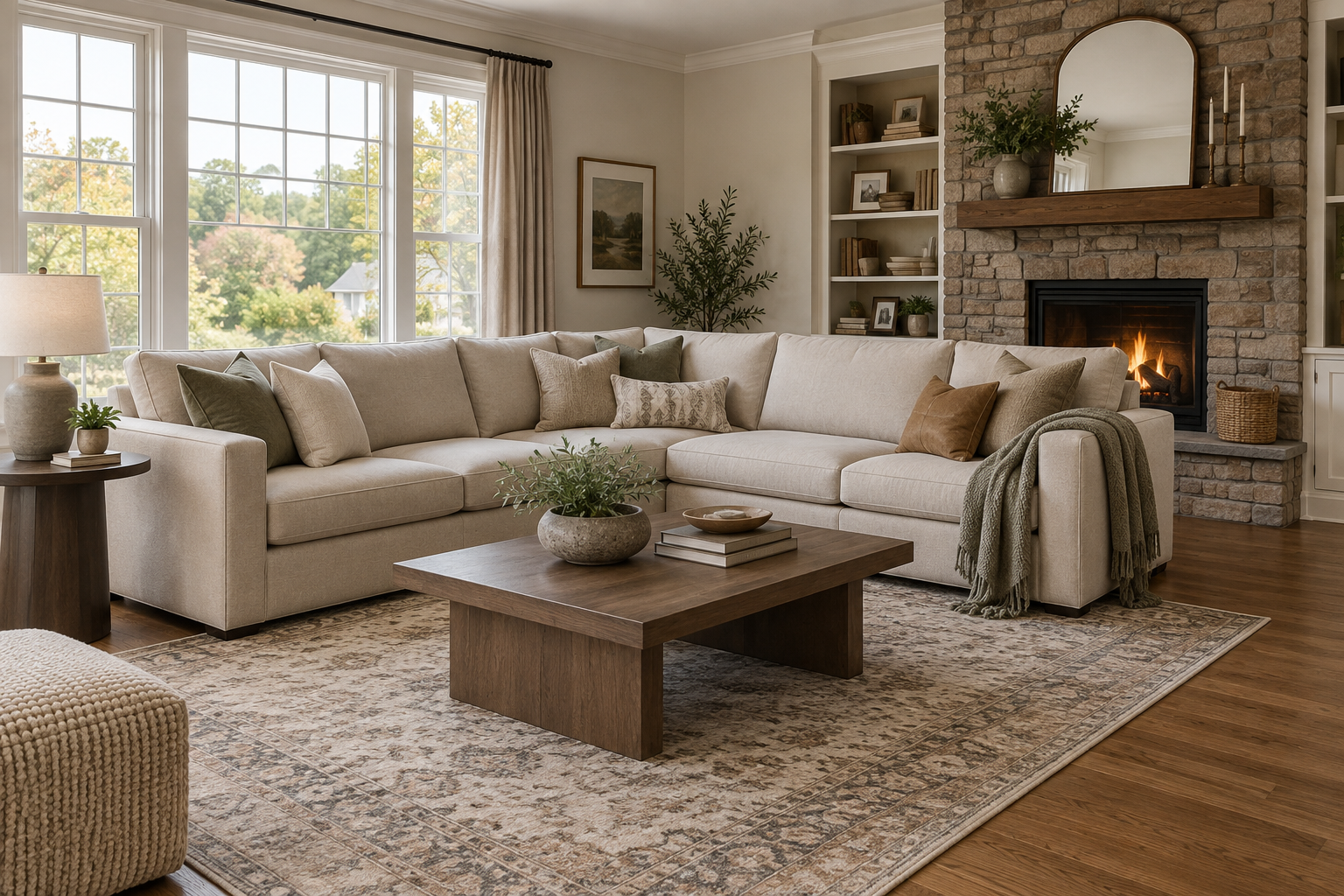 Warm living room with an oatmeal sectional