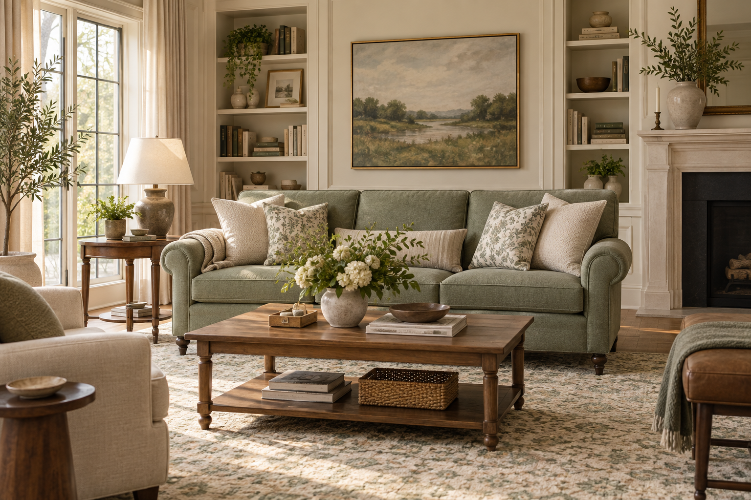 Soft transitional living room with a sage sofa